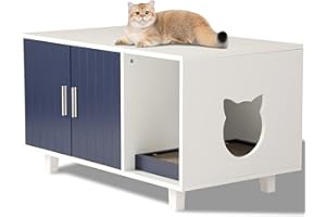 LOUVIXA Litter Box Enclosure, Cat Litter Box Furniture Hidden Cat Washroom Furniture House Table Nightstand with Cat Scratch Pad (White&Blue)