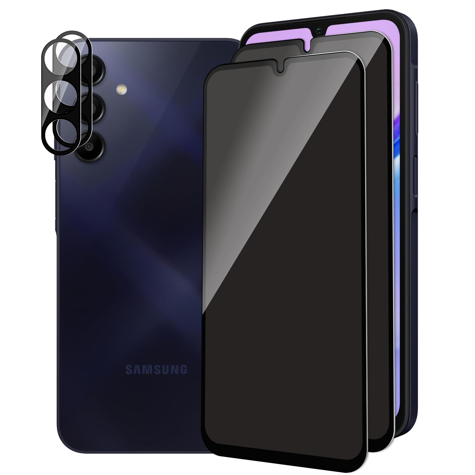 SVMONGWA 2 Pack Privacy Screen Protector for Samsung Galaxy A15 5G With 2 Pack Camera Lens Protector,Full Coverage Anti-Spy Tempered Glass Film,9H Hardness,Easy to Install