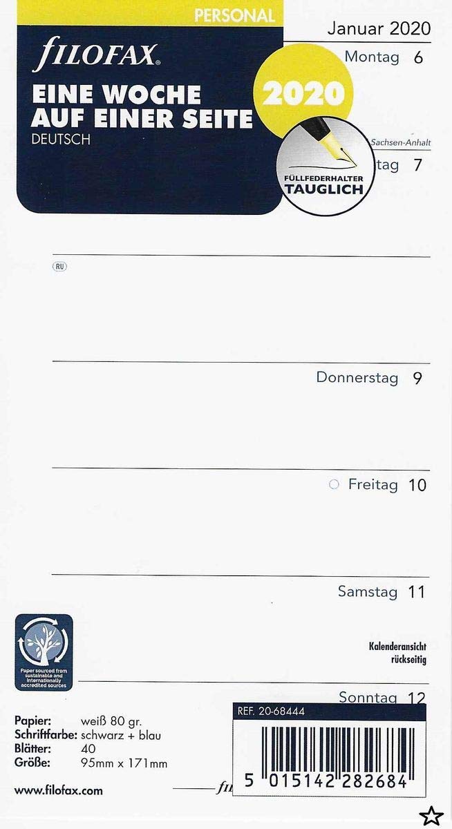 Filofax Personal Calendar Insert, 1 Week on 1 Page (German), 000020-68444.