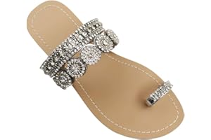 AIJIVOU Women's Rhinestone Flat Sandals, Women Flip Flops with Clip Toe RingBeadeed Rhinestone Crystal Jeweled Sandal Shoes for Summer Beach Oceanside Holiday Outdoor