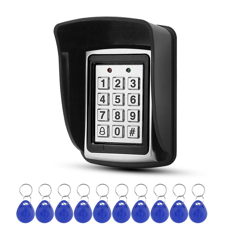 Gaocinys 125KHz RFID Metal Access Control Keypad + Waterproof Cover+10pcs 125KHz Blue Keyfobs for Door Entry System 1000 Users