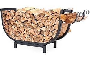 FireProof Pros Firewood Rack Outdoor and Indoor Firewood Storage with Kindling Wood Hooks. 24.5 in curved Double Coated Fire Wood Rack. Waterproof Rustproof Stable Log Holder and Fireplace Organizer