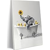 Ovczax Framed Funny Black And White Bathroom Wall Painting Elephant And Duck In Bathtub Cute Animals Kids Room Decor Canvas Print Decor 12 * 16in