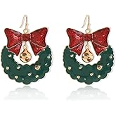 Christmas Bow Bell Wreath Dangle Drop Earrings for Women Gold Plated Cute Green Red Enamel Bowknot Dangling Hook Hypoallergenic Festive Holiday Xmas Party Jewelry