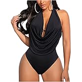 OYOANGLE Women's Draped Halter Bodysuits Sleeveless Backless Slim Fit Tank Top Bodysuit
