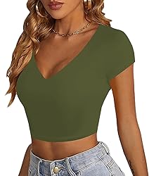 LYANER Women's Crop Tops V Neck Short Sleeve Summer