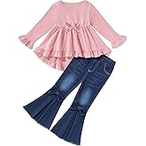 HSOXLQF Kid Toddler Girl Clothes Bowknot Ruffle Sleeve Top + Denim Bell Bottom Jeans Pants 2PC Fall Winter Outfit Set