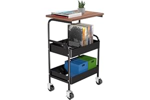 HIDODO Rolling Cart with Wooden Tabletop, 3 Tier Metal Utility Cart, Rolling Storage Organizer Cart with Lockable Wheels for Kitchen, Office, Bedroom (Black)