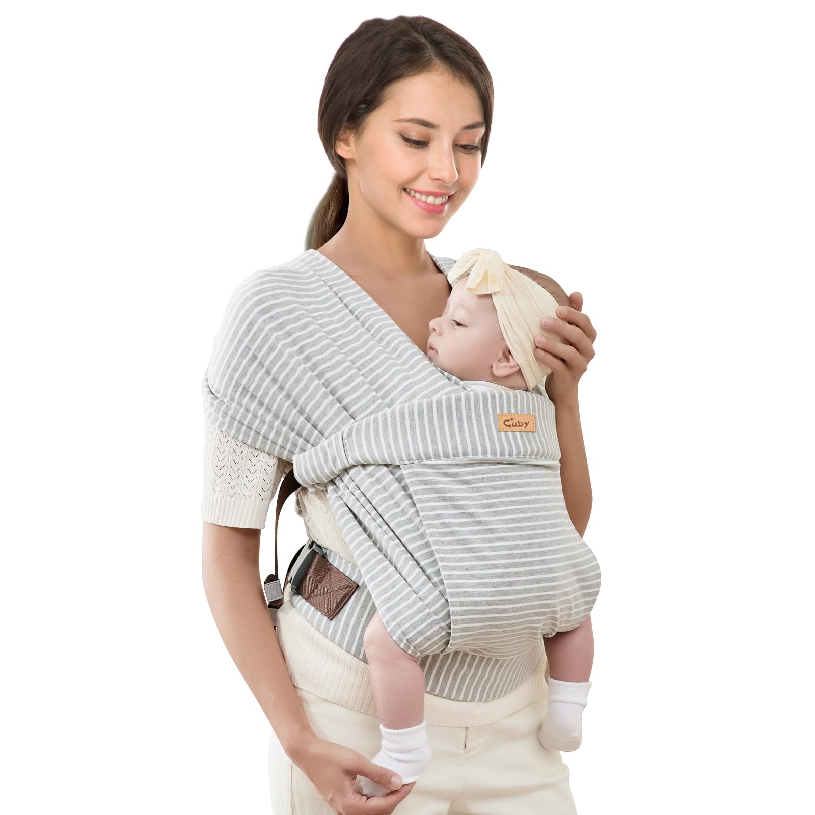 Photo 1 of CUBY Baby Wraps Carrier, Skin-Friendly and Soft Cotton Front Newborn Carrier Wrap, One Size Fits All for Newborn Toddlers- Hands Free Baby Wearing Wrap for Travel Outdoor Gifts (Grey Stripe)