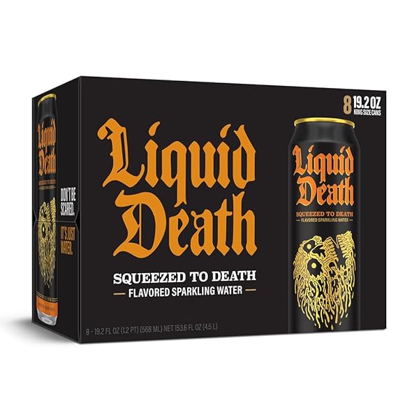 LIQUID DEATH, SQUEEZED TO DEATH, ORANGE-FLAVORED SPARKLING WATER, 8-PACK (19.2OZ CANS), LOW CALORIE & NO ARTIFICIAL SWEETENERS