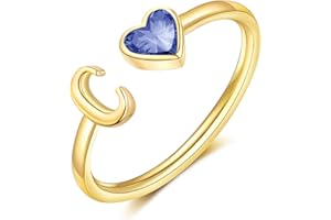 GLEZZA Initial Rings for Women Teen 14K Gold Plated Birthstone Rings Stackable Dainty Letter Rings Christmas Birthday Birthstone Jewelry Gifts for Mother Daughter,Adjustable Size 5-10