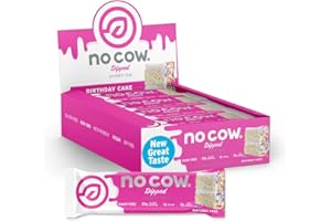 No Cow Vegan Protein Bars, Upgraded Birthday Cake | 20g Plant Based Protein, Gluten Free, Dairy Free, Soy Free, Keto Friendly, Low Sugar, High Fiber Snack Bars | Pack of 12