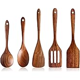 KEJJRIUTN 5 PCS Wooden Cooking Utensils Set, Kitchen Utensils Set, Wooden Spoons for Cooking, Non-Stick Heat-Resistant Wooden Spoons for Cooking, Ideal for Nonstick Cookware