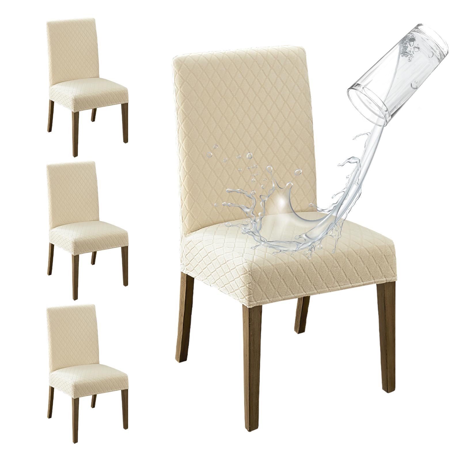Photo 1 of * Stock photo for reference ** MOSAYT 100% Waterproof Dining Room Chair Covers Set of 4, Super Fit Stretch Jacquard Parson Chairs Slipcovers Removable Washable Chair Seat Protectors for Home, Kitchen, Banquet (Beige)
