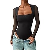 PINKMSTYLE Womens Square Neck Mesh Long Sleeve Bodysuit Going Out Tops Date Night Outfit 2025