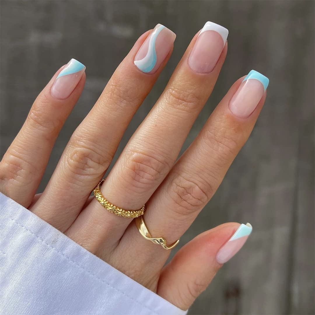 Sethexy White French Pink Fake Nail Short Square False Nails Blue Swirl Press on Nails Wave Glossy 24Pcs Acrylic Stick on Nail for Women and Girls Nail Art — image 1