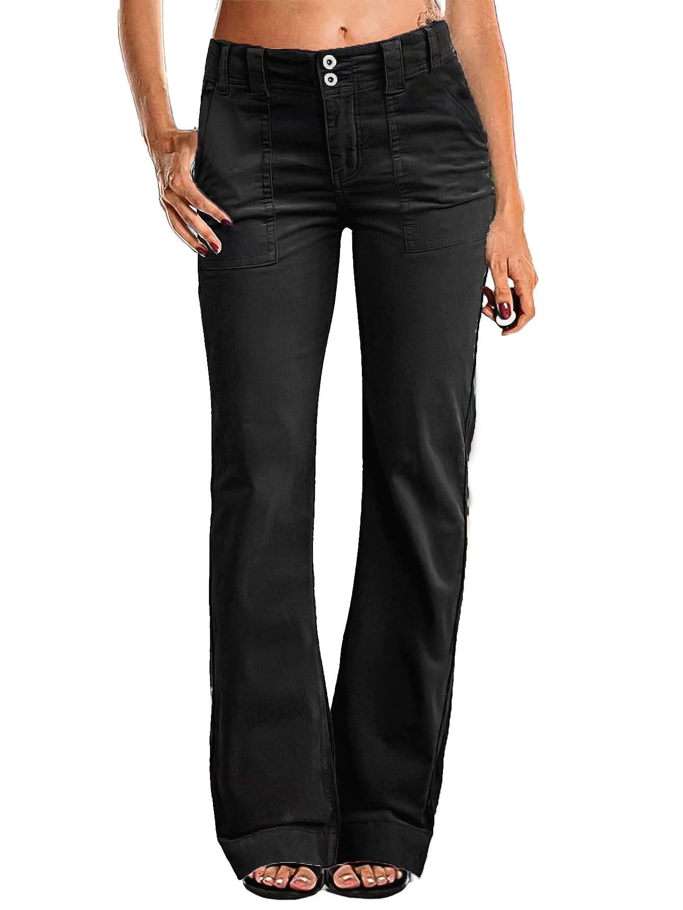 Photo 1 of Flamingals Women's Wide Leg Pants for Women Mid Waist Dress Flare Straight Leg Corduroy Pants Workout Jeans Trendy Black L