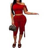 CXXQ Sexy 2 Piece Outfits Off Shoulder Self Tie Crop Tops and Capri Legging Set Tracksuits Clubwear