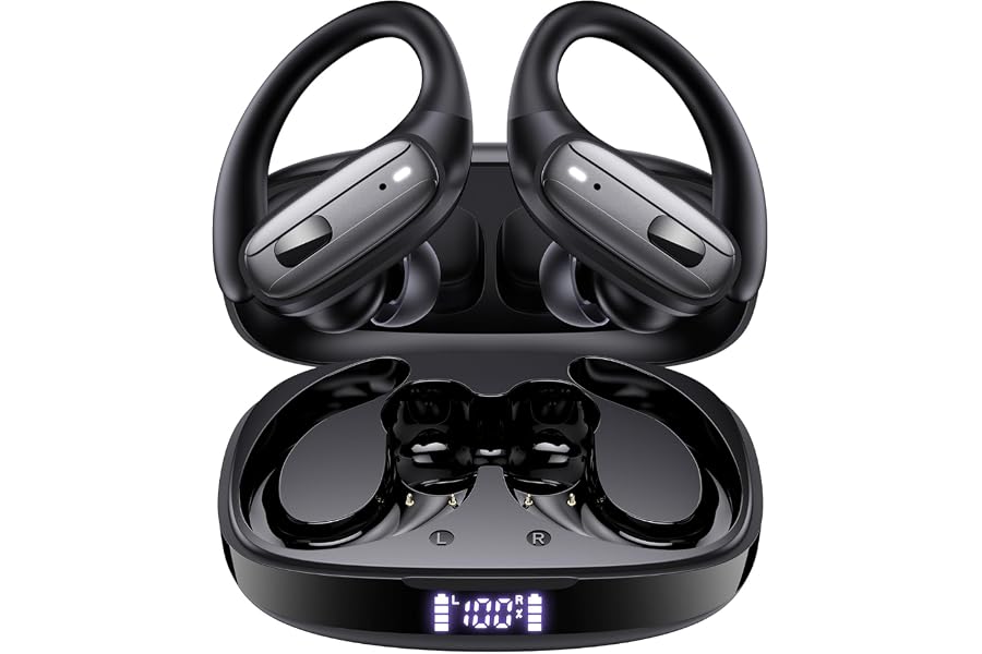 LEEMC Wireless Earbuds, Bluetooth Headphones 5.4, 80Hr Playtime Ear Buds with Hooks for Sports, Noise Canceling, LED Display, IPX7 Waterproof Earphones for Workout Running, Onyx