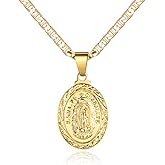 Barzel 18K Gold Plated Flat Mariner/Marina 060 3MM Chain Necklace With Virgin Mary Guadalupe Charm Pendant