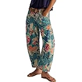 loveimgs Women Boyfriend Baggy Barrel Jeans Floral Print Denim Ankle Pants Wide Leg Mid Rise Jeans Sweatpants Y2k Patchwork
