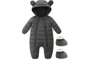 HIKIDO Baby Winter Snowsuit Cute Bear Ears Hooded Romper Toddler Double Zipper Warm Jumpsuit Windproof 0~24M