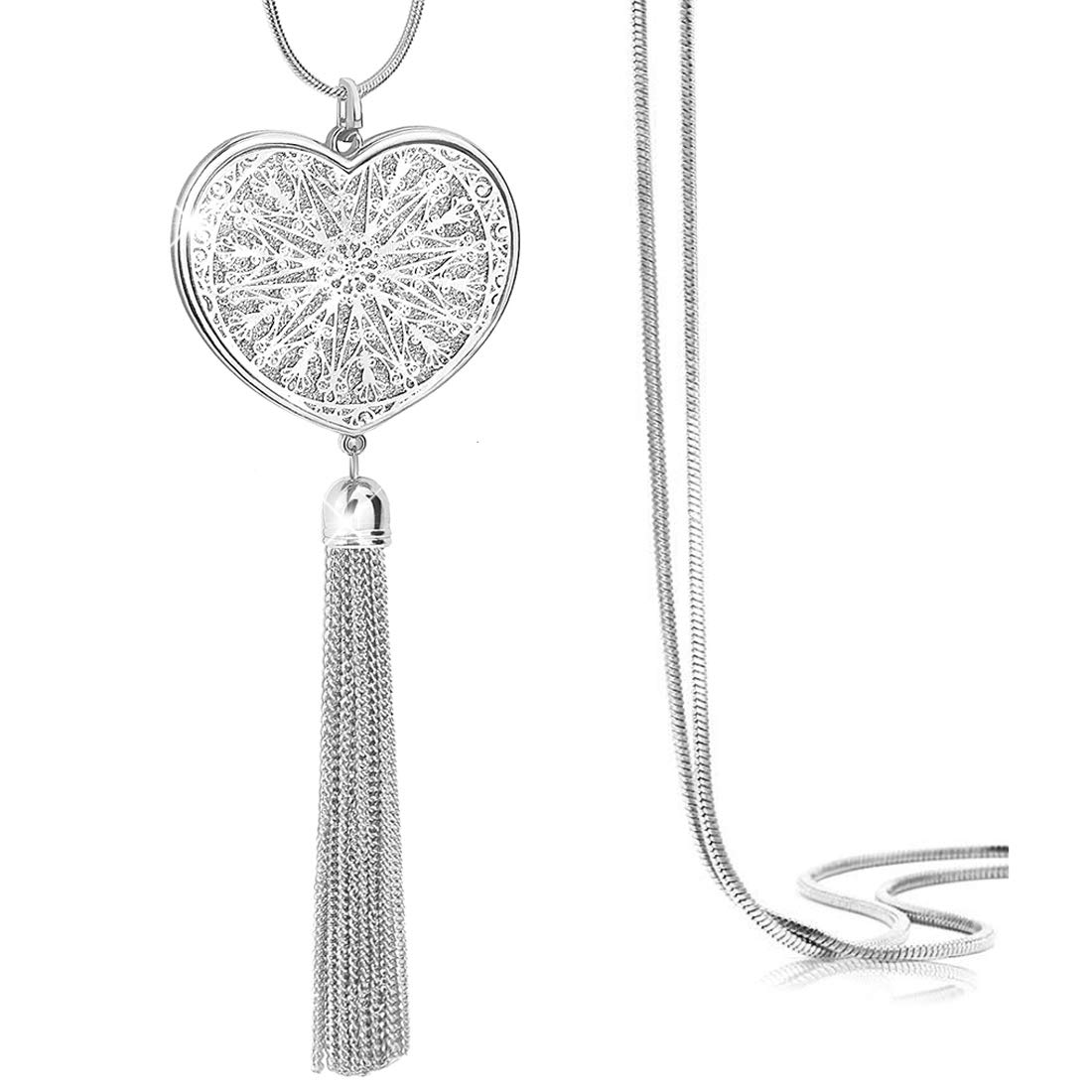 Suyi Long Tassel Necklace Hollow-Out Heart Sweater Chain Y Pendant Necklace for Women Heart-Silver