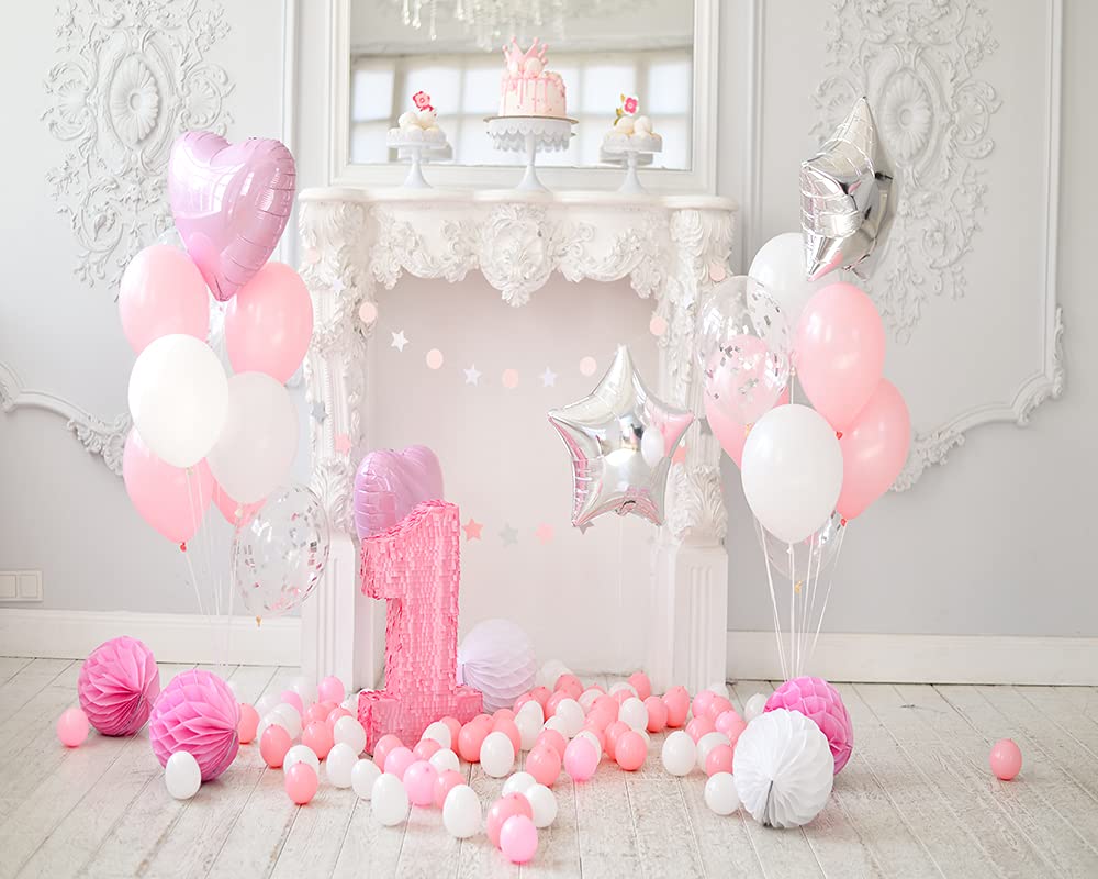 Haosphoto 7X5FT Girls Birthday Cake Smash Backdrop for Photography Girls 1st Birthday Backdrops Balloons Paper Flowers Background for Newborn Baby Shower Kids Birthday Party Photo Studio Props HS211