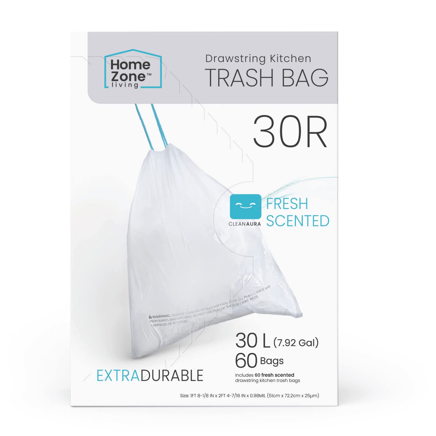 Photo 1 of Home Zone Living 8 Gallon Kitchen Trash Bags with Drawstring Handles, Heavy Duty Custom Fit Design for 30 Liter Dual Recycling Liners, Code 30R, 60 Count
