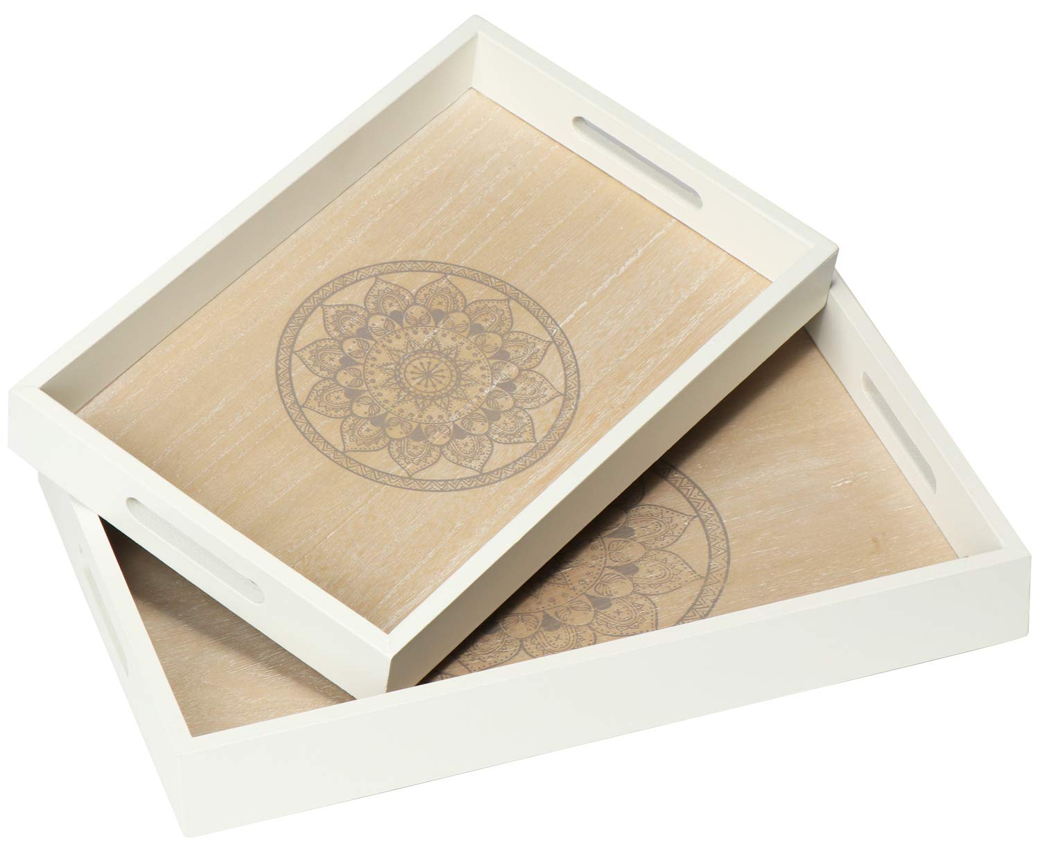 com-four® 2x Wooden serving tray - Vintage serving tray with beautiful mandala motif in different sizes - Shabby Chic wooden tray with grasps (02 pieces - "Mandala")