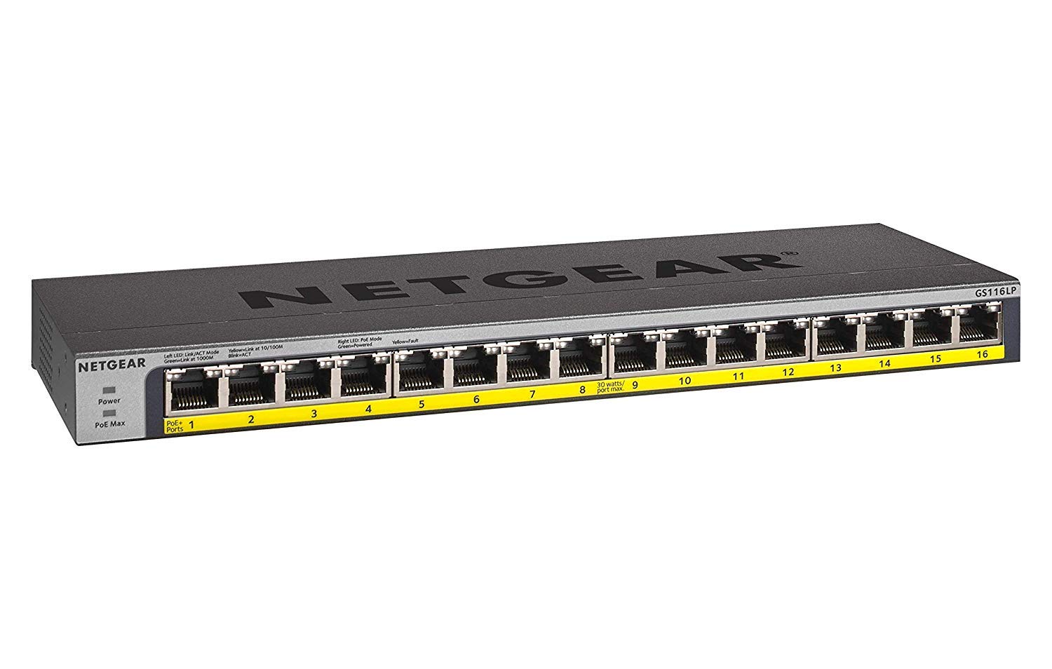 NETGEAR 16 Port PoE Gigabit Switch (GS116LP) - Unmanaged Network Switch - 16 x PoE+ @ 76 W Upgradeable, Desktop, Wall Mount or Rackmount, and Limited Protection — image 1