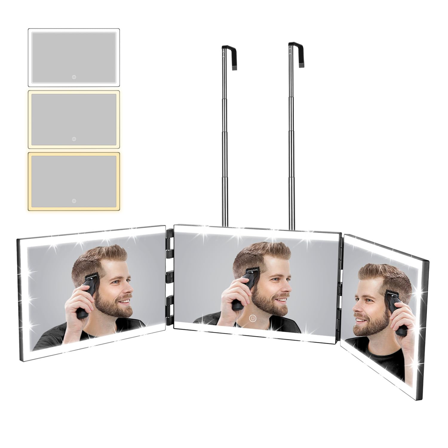 Photo 1 of XIGETRAIL Rechargeable 3 Way Mirror for Self Hair Cutting with 8 Light Strips & Telescoping Hooks for Makeup,Shaving,Braiding&Styling-Trifold Barber Mirror