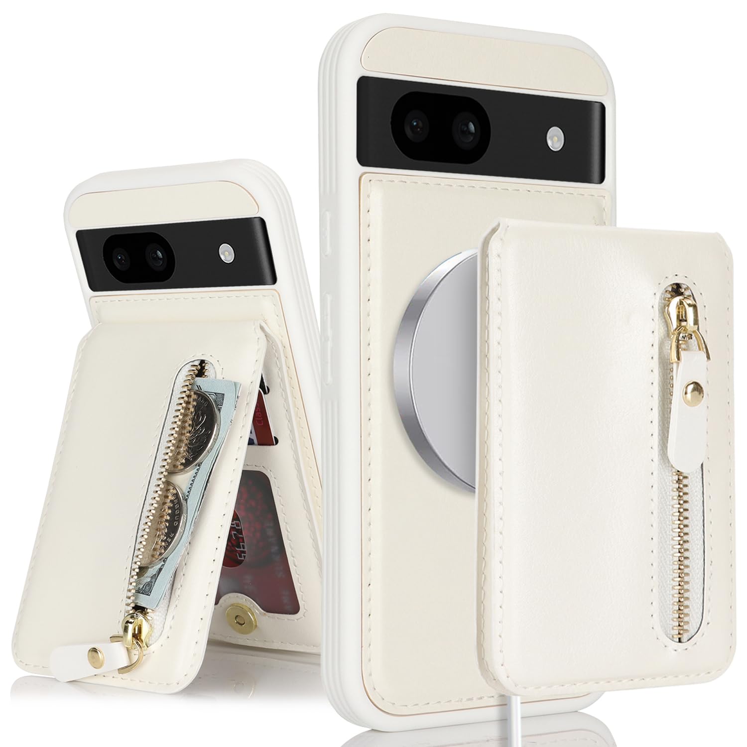 SailorTech Google Pixel 8a Phone Case with credit card Holder, Google Pixel 8a Case with Kickstand credit card Slots Wallet Detachable 2-in-1 Zipper Case - White