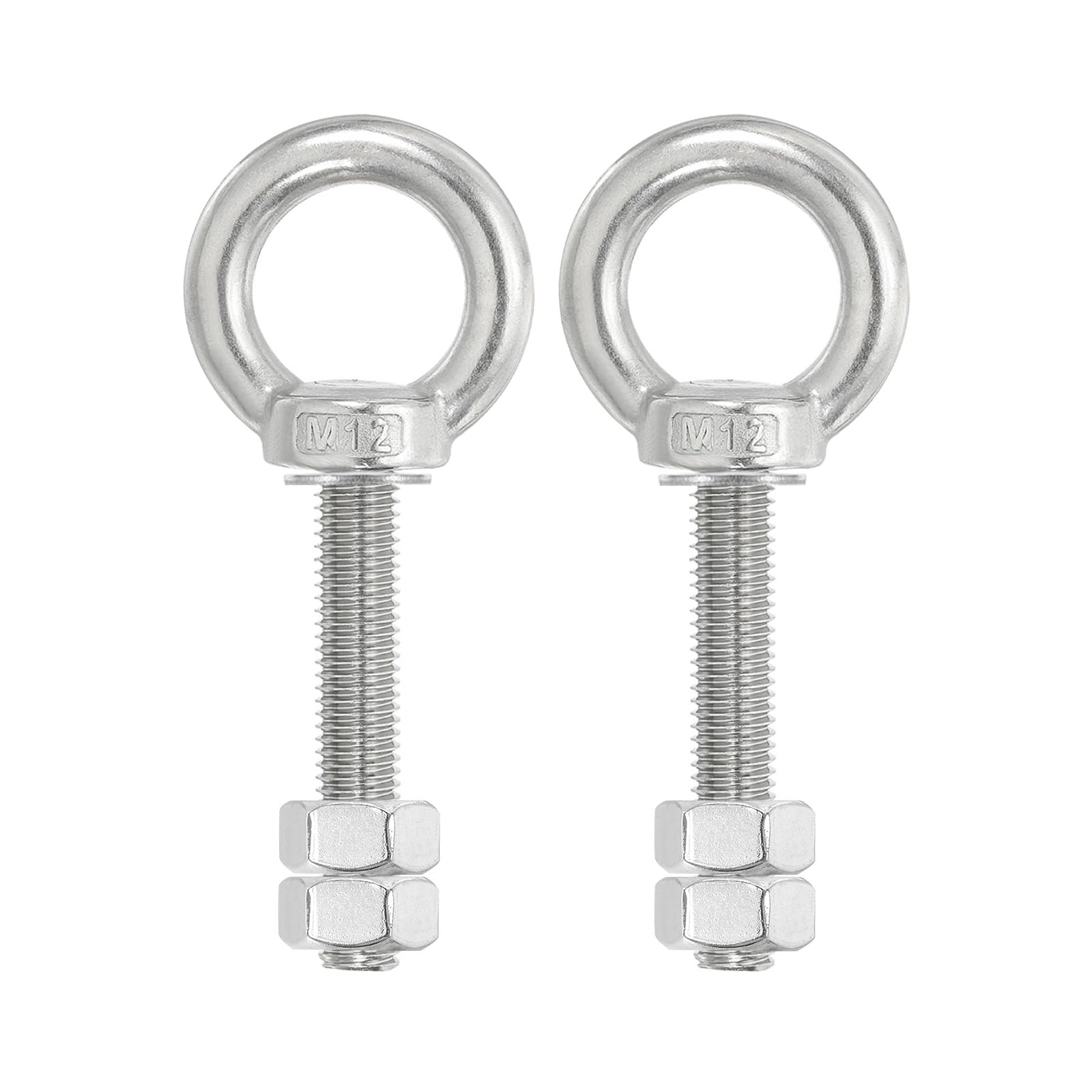 PATIKIL Lifting Shoulder Eye Bolts, 2 Pack M12x60 Screw Bolt 304 Stainless Steel Eye Bolts Threaded Screw Eyebolt Shoulder Ring with Double Nuts Fixed for Lifting Hanging