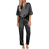 Ekouaer Satin Pajama Set Womens Silk Short Sleeve V Neck Shirt with Long Pant Soft Loungewear Pjs Set
