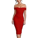 GOBLES Women's Sexy Off The Shoulder Twist Wrap Short Sleeve Ruched Bodycon Midi Party Dress