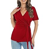 LEIYEE Womens Summer V Neck Short Sleeve Wrap Tops Casual Cute Front Twist Tie Knot Shirts Blouse