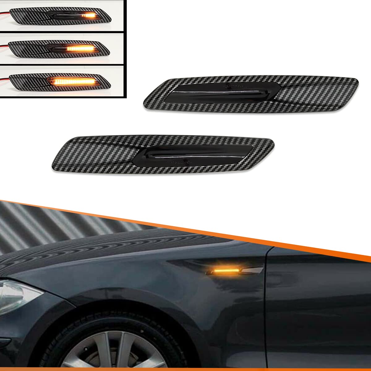 Photo 1 of ADIIL Carbon Fiber Smoked Lens Front Fender Sequential Amber LED Turn Signal Lamp Side Marker Light Assembly For BMW 1 3 5 Series E82 E88 E90 E91 E92 E93 E60 E61