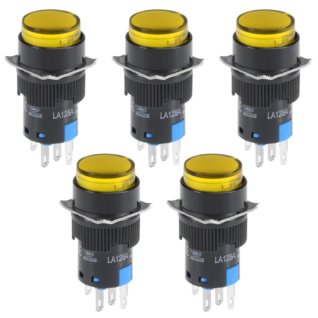 Sourcingmap 5 Pcs 16mm Momentary Push Button Switch Yellow LED Light Round Button 1 NO 1 NC Light 24V