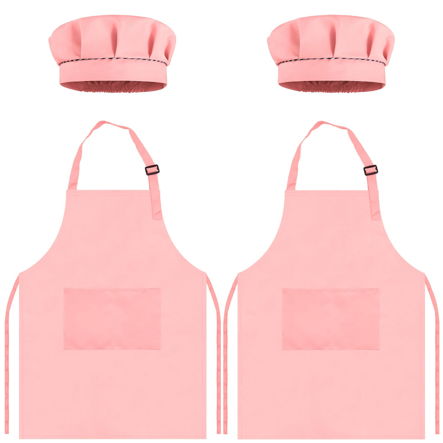 TOPWAYS Kids Apron and Chef Hat Set, kids Aprons for Cooking 2 Pack, Adjustable Toddle Kitchen Chef Apron, Kids Artist Painting Apron Bib with Two Pockets for Kids 3 4 5 6 years (2 x pink, M)