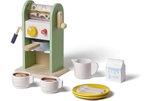 Bc Babycare Toy Coffee Maker Wooden Playset Realistic Play Set for Kids Ages 3-6, Pretend Play Kitchen Accessories Gift for Boys Girls, Green