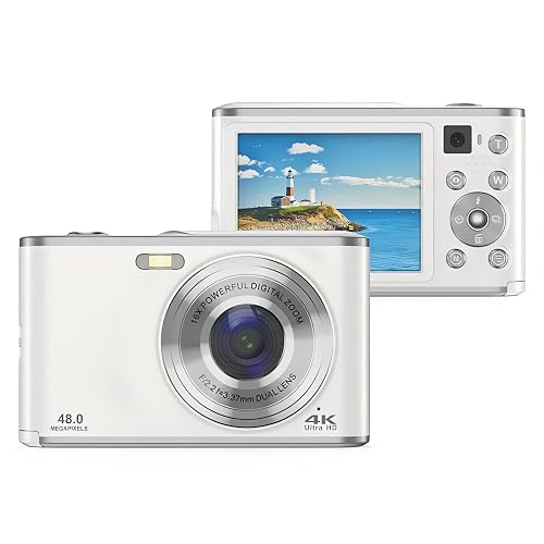 Yunir Digital Camera, HD 1080P Kids Camera, 48MP, 2.4in IPS Display, 16X Zoom, Anti Shake, White