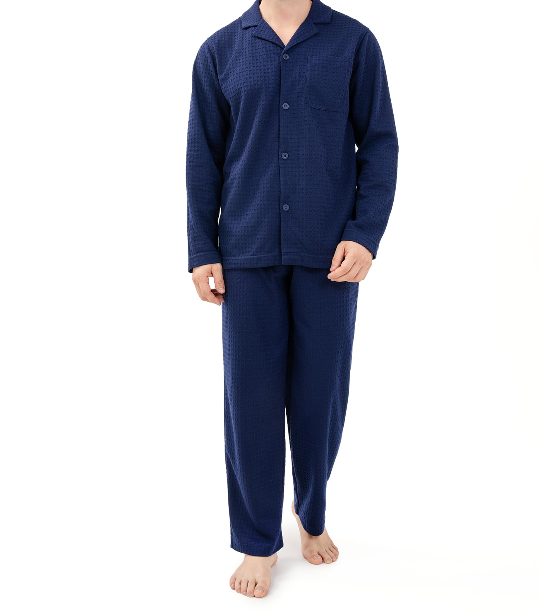 DAVID ARCHY Mens Waffle Pajamas Set Warm Pajmas for Men Notched Collar Winter Sleepwear with Roomy Pockets (XL, Navy Blue) Image