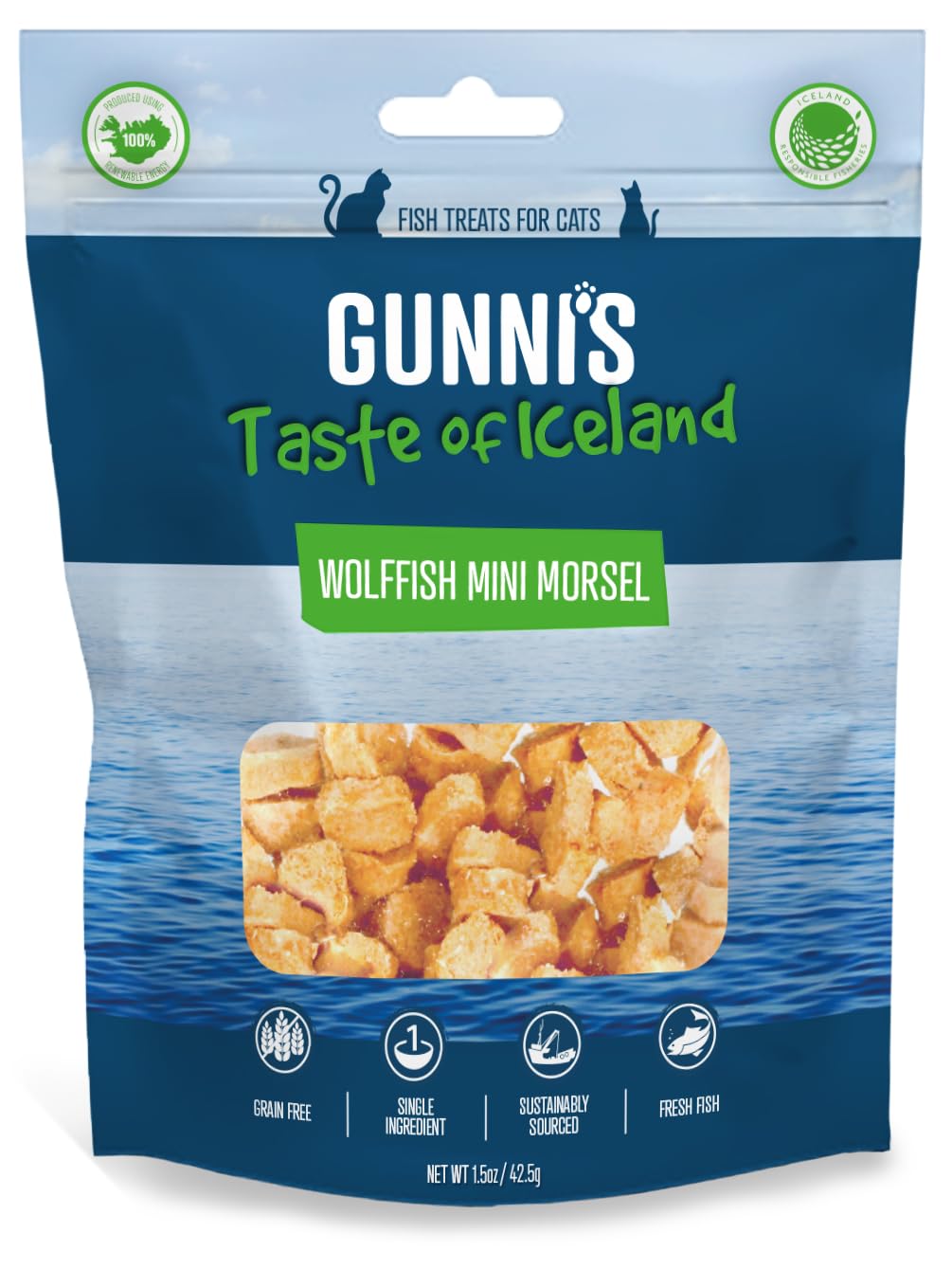 Gunni’s Wolffish Mini Morsels | Pure Icelandic Wolffish fillet crunchy treats for cats | Traceable | MSC Certified | Sustainable | 100% Natural | 42.5g
