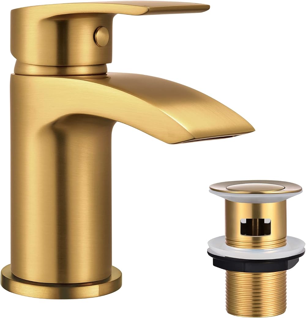 Hapilife Basin Mixer Taps Waterfall Gold Brushed Finish G1/2 Hoses 1 Hole