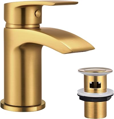 Hapilife Basin Mixer Taps Waterfall Gold Brushed Finish G1/2 Hoses 1 Hole