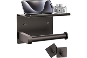 Tindbea Toilet Paper Holder with Phone Shelf + Towel Robe Hooks, Adhesive or Screw Wall Mounted Toilet Paper Roll Storage Dispenser, Stainless Steel Bathroom Tissue Roll Holder (Bronze)