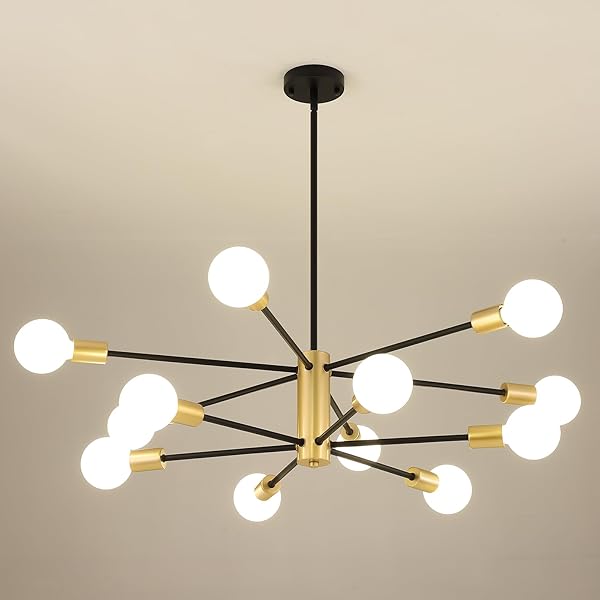 AMZASA SPUTNIK CHANDELIERS CEILING LIGHT FIXTURE, 12 LIGHTS MODERN FARMHOUSE CHANDELIER BLACK AND GOLD MID CENTURY PENDANT LIGHT FOR DINING ROOM, LIVING ROOM, KITCHEN ISLAND ENTRYWAY FOYER, UL LISTED
