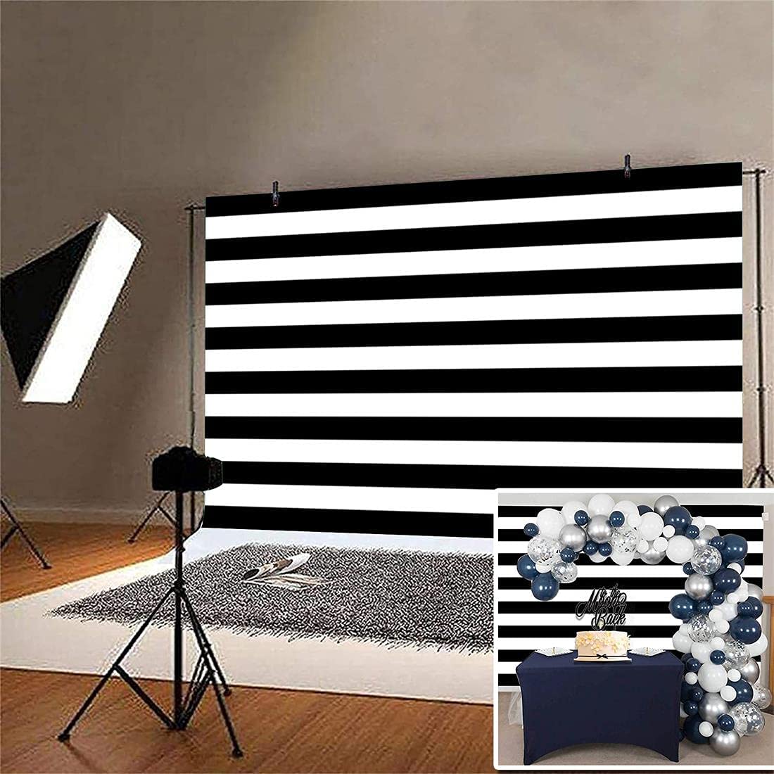 Photo 1 of AOFOTO 10x6ft Black and White Striped Photography Backdrop Streak Textured Background Birthday Party Decoration Photo Studio Props Baby Shower Banner Adult Elder Girl Boy Wallpaper