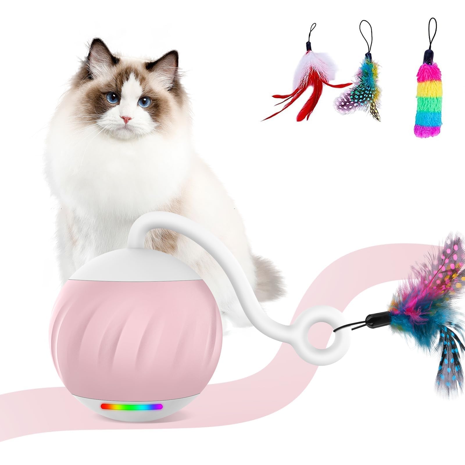 Cat Toy Smart Robot, Pet Indoor Interactive Cat Ball Toy, Self-Moving Ball Kitten Toy with Feather, Touch and Sound Activated Smart Cat Feather Toy, 3 Feathers and USB Rechargeable…